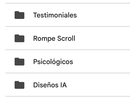 Carpetas del swipe file: Testimoniales, Rompe Scroll, Psicológicos, Diseños IA